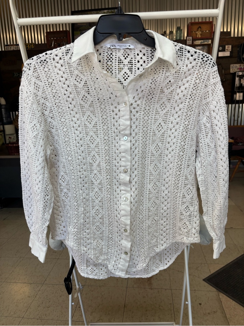 Zara Cream Crochet Button-Down Shirt